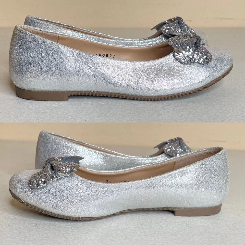 KidExpress Silver Glitter Bow Ballet Flats Size EU 31